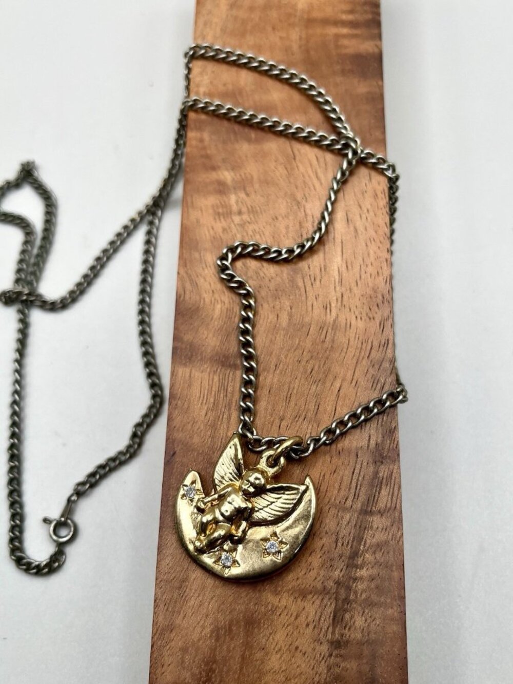 VTG Cherub Angel Crescent Moon Necklace Gold Tone Rhinestone Celestial Gothic